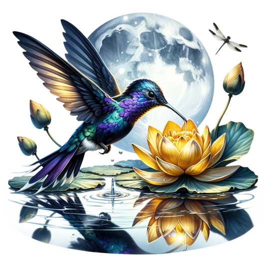Blue Hummingbird Bird Hovering Over Lotus Vinyl Sticker Decal