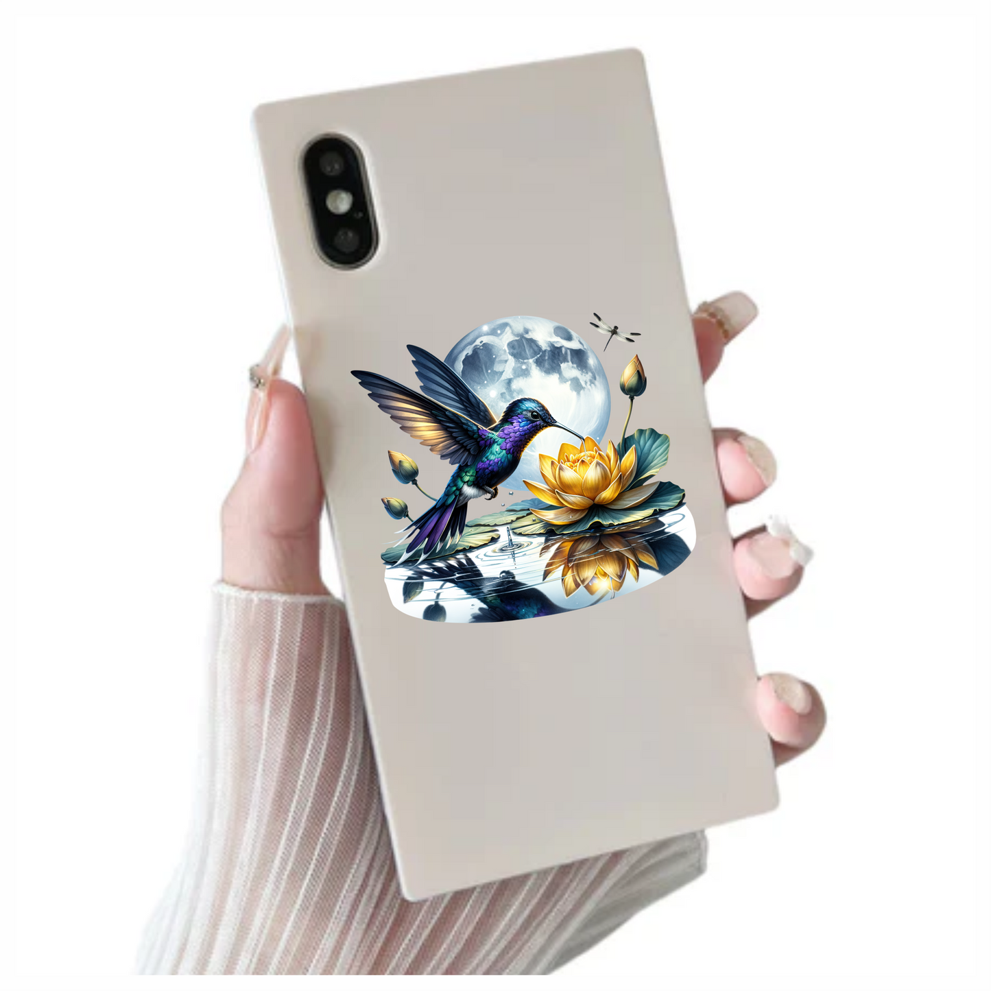 Blue Hummingbird Bird Hovering Over Lotus Vinyl Sticker Decal