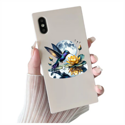 Blue Hummingbird Bird Hovering Over Lotus Vinyl Sticker Decal