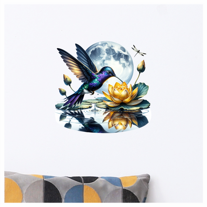 Blue Hummingbird Bird Hovering Over Lotus Vinyl Sticker Decal
