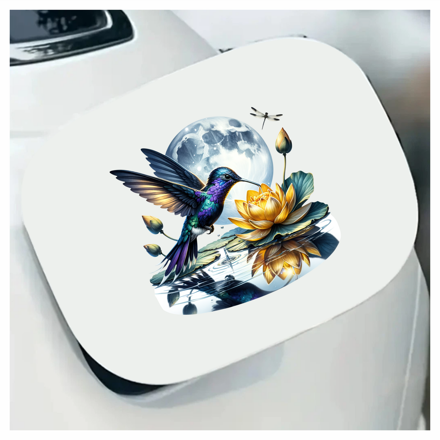 Blue Hummingbird Bird Hovering Over Lotus Vinyl Sticker Decal