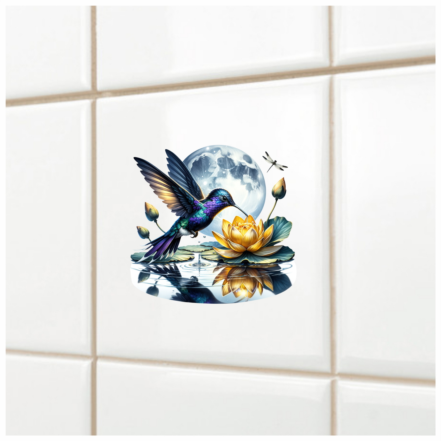 Blue Hummingbird Bird Hovering Over Lotus Vinyl Sticker Decal