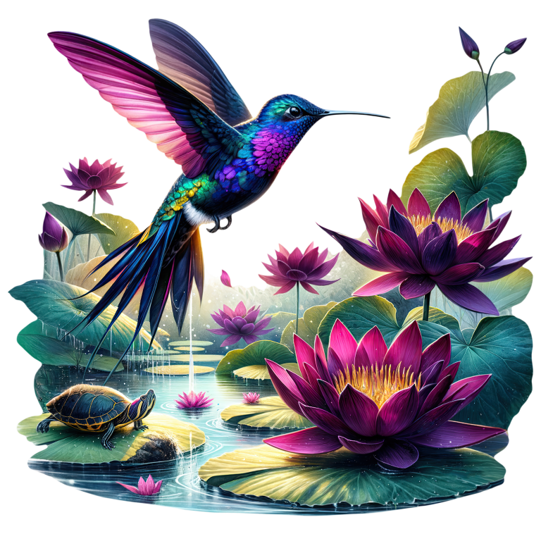 Blue Hummingbird Bird Flying Over Lilies Vinyl Sticker Decal