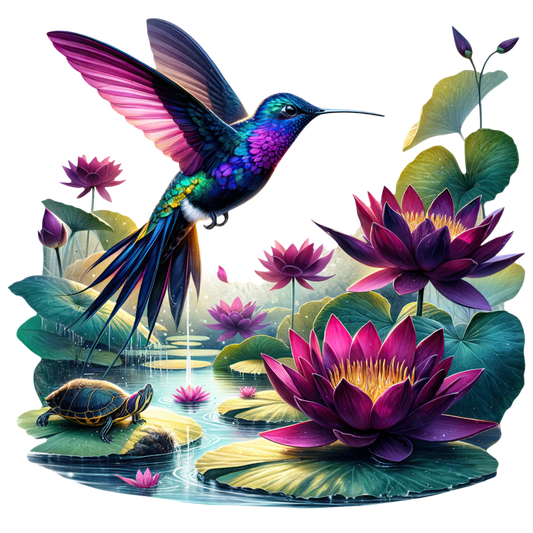 Blue Hummingbird Bird Flying Over Lilies Vinyl Sticker Decal