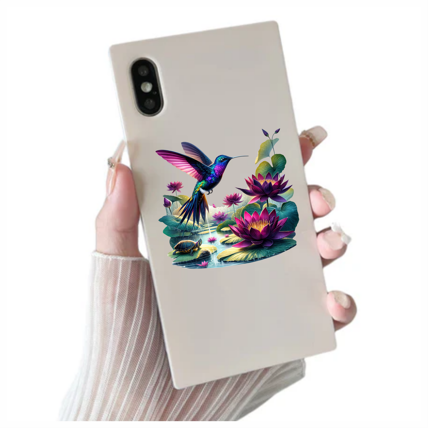 Blue Hummingbird Bird Flying Over Lilies Vinyl Sticker Decal