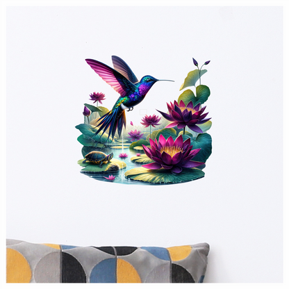 Blue Hummingbird Bird Flying Over Lilies Vinyl Sticker Decal