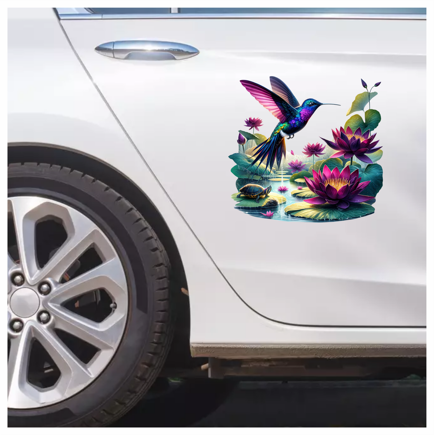 Blue Hummingbird Bird Flying Over Lilies Vinyl Sticker Decal