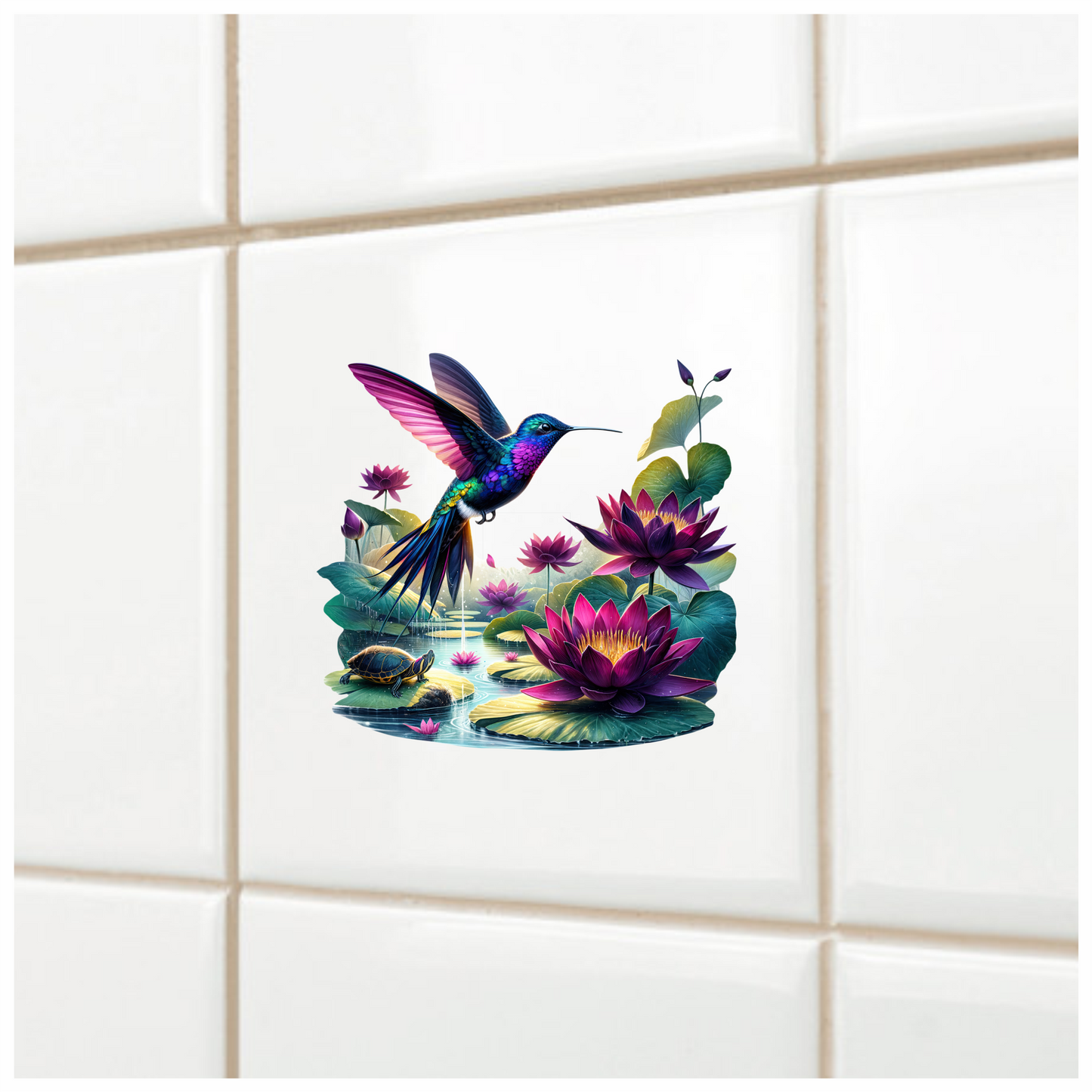 Blue Hummingbird Bird Flying Over Lilies Vinyl Sticker Decal