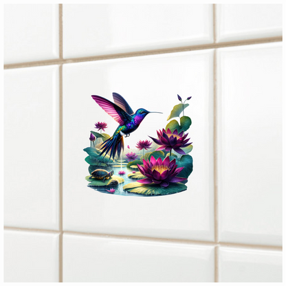 Blue Hummingbird Bird Flying Over Lilies Vinyl Sticker Decal