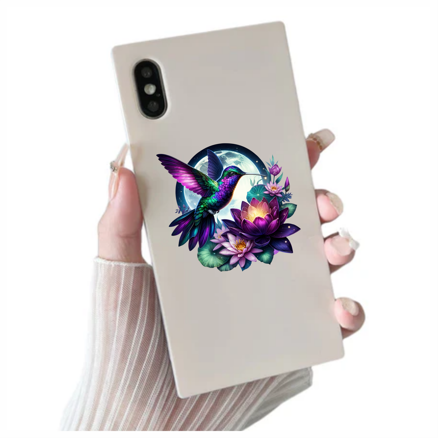 Purple Hummingbird Bird Flying Over Flowers Vinyl Sticker Decal