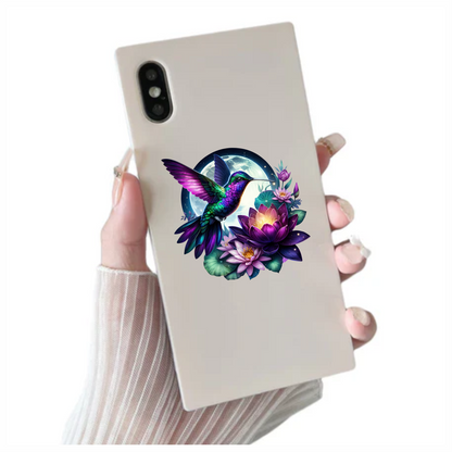 Purple Hummingbird Bird Flying Over Flowers Vinyl Sticker Decal