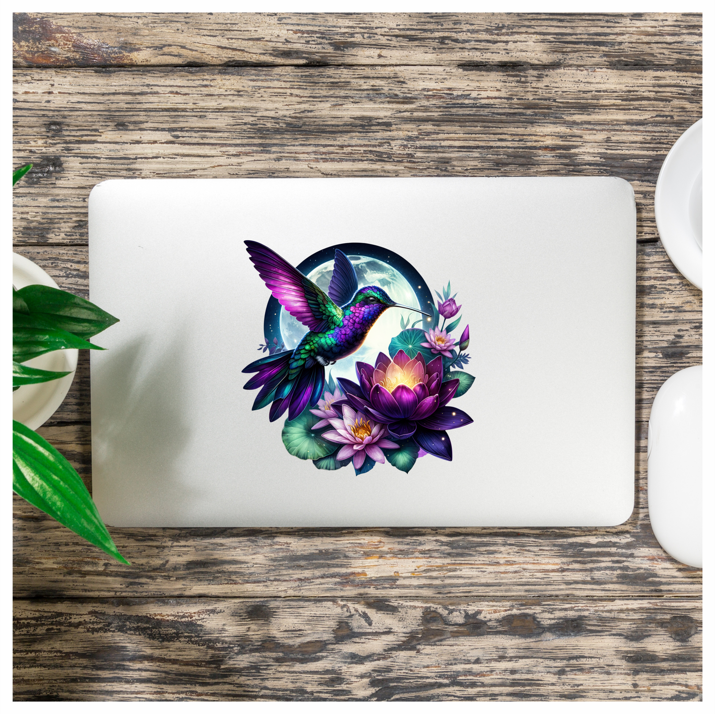 Purple Hummingbird Bird Flying Over Flowers Vinyl Sticker Decal