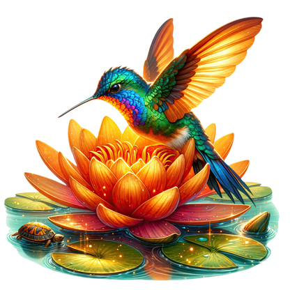 Orange Hummingbird Bird Flying Over Lotus Vinyl Sticker Decal