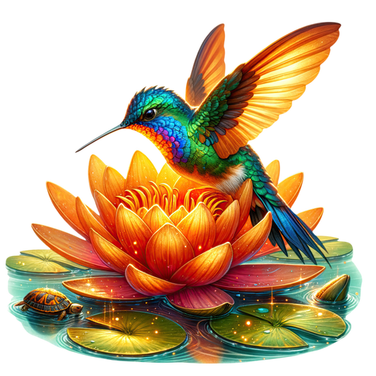 Orange Hummingbird Bird Flying Over Lotus Vinyl Sticker Decal