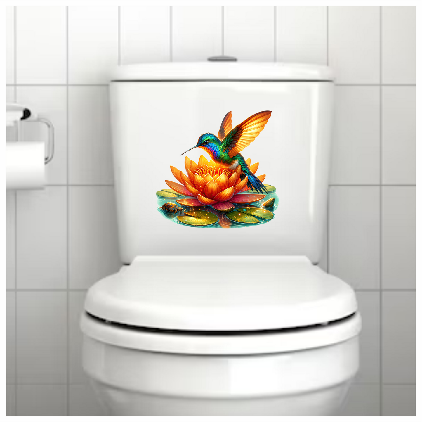 Orange Hummingbird Bird Flying Over Lotus Vinyl Sticker Decal