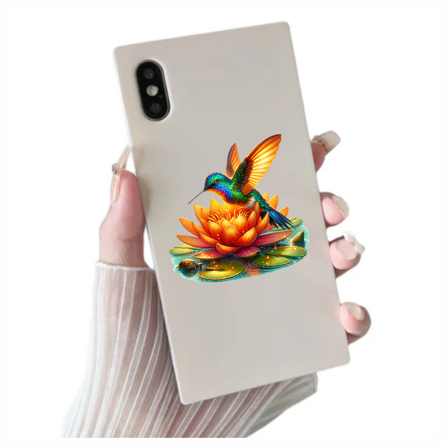 Orange Hummingbird Bird Flying Over Lotus Vinyl Sticker Decal