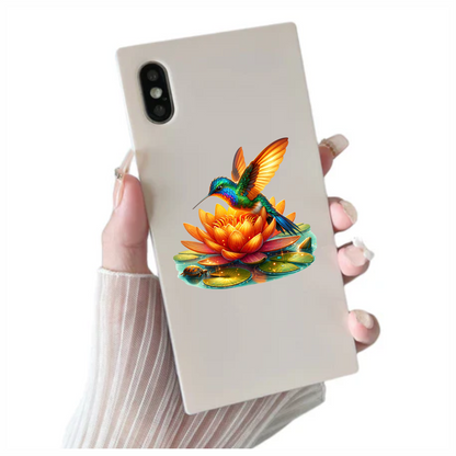 Orange Hummingbird Bird Flying Over Lotus Vinyl Sticker Decal