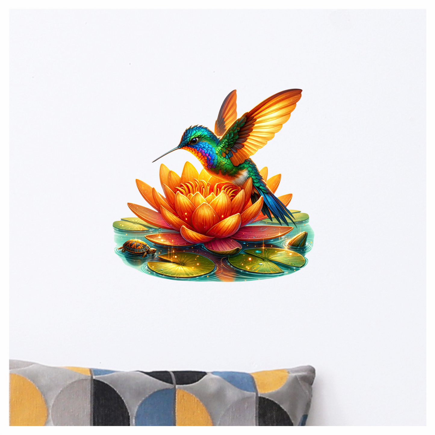 Orange Hummingbird Bird Flying Over Lotus Vinyl Sticker Decal