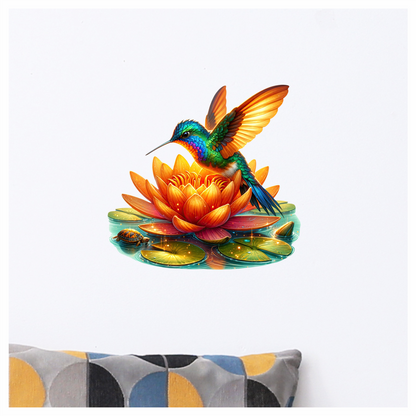 Orange Hummingbird Bird Flying Over Lotus Vinyl Sticker Decal
