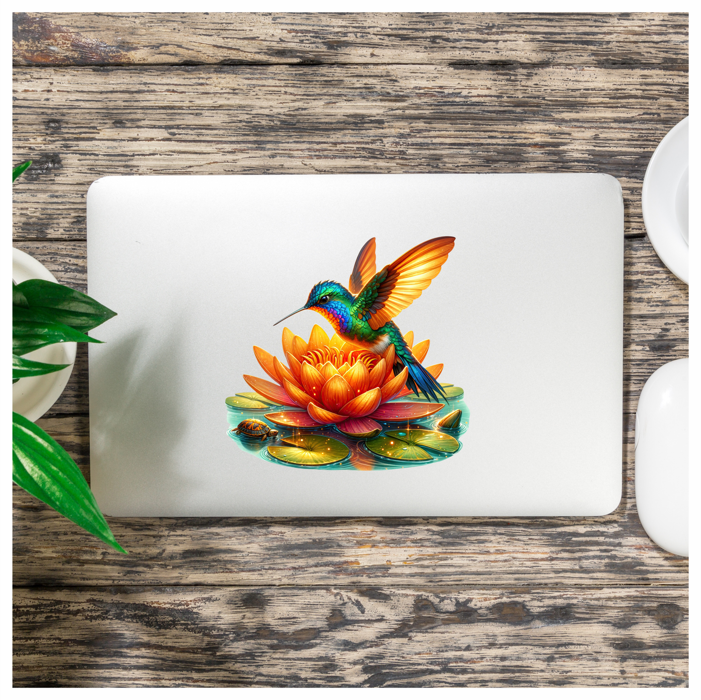 Orange Hummingbird Bird Flying Over Lotus Vinyl Sticker Decal