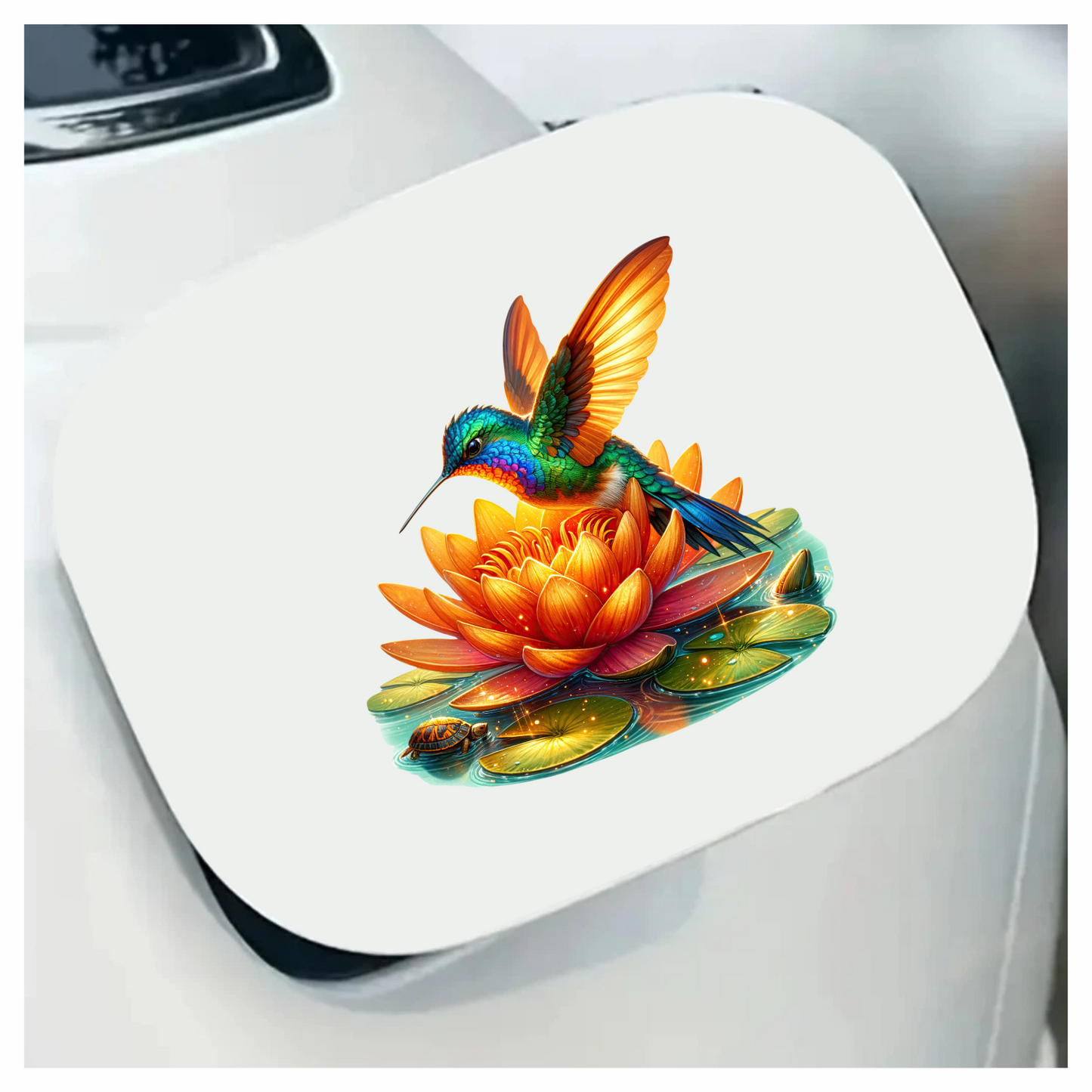 Orange Hummingbird Bird Flying Over Lotus Vinyl Sticker Decal