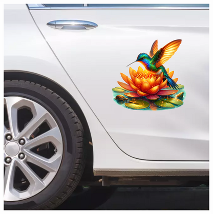 Orange Hummingbird Bird Flying Over Lotus Vinyl Sticker Decal