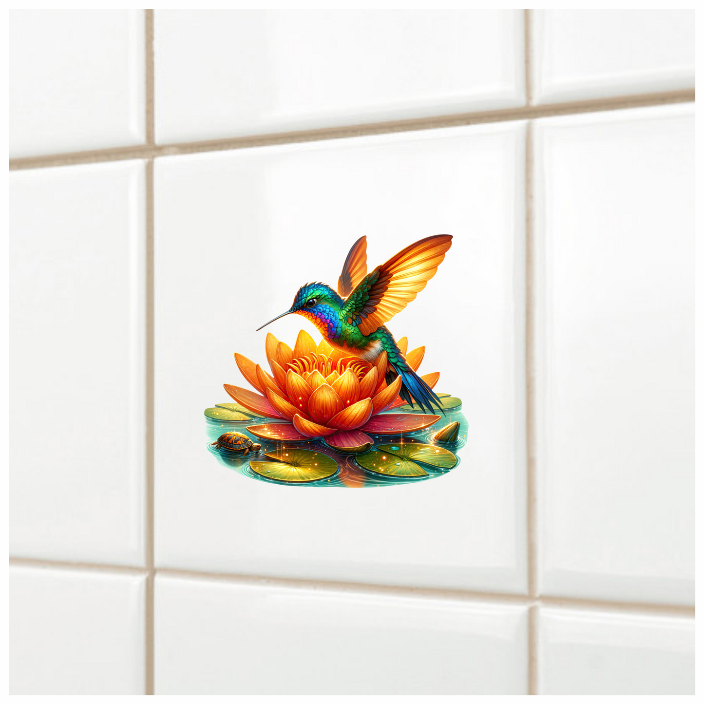 Orange Hummingbird Bird Flying Over Lotus Vinyl Sticker Decal