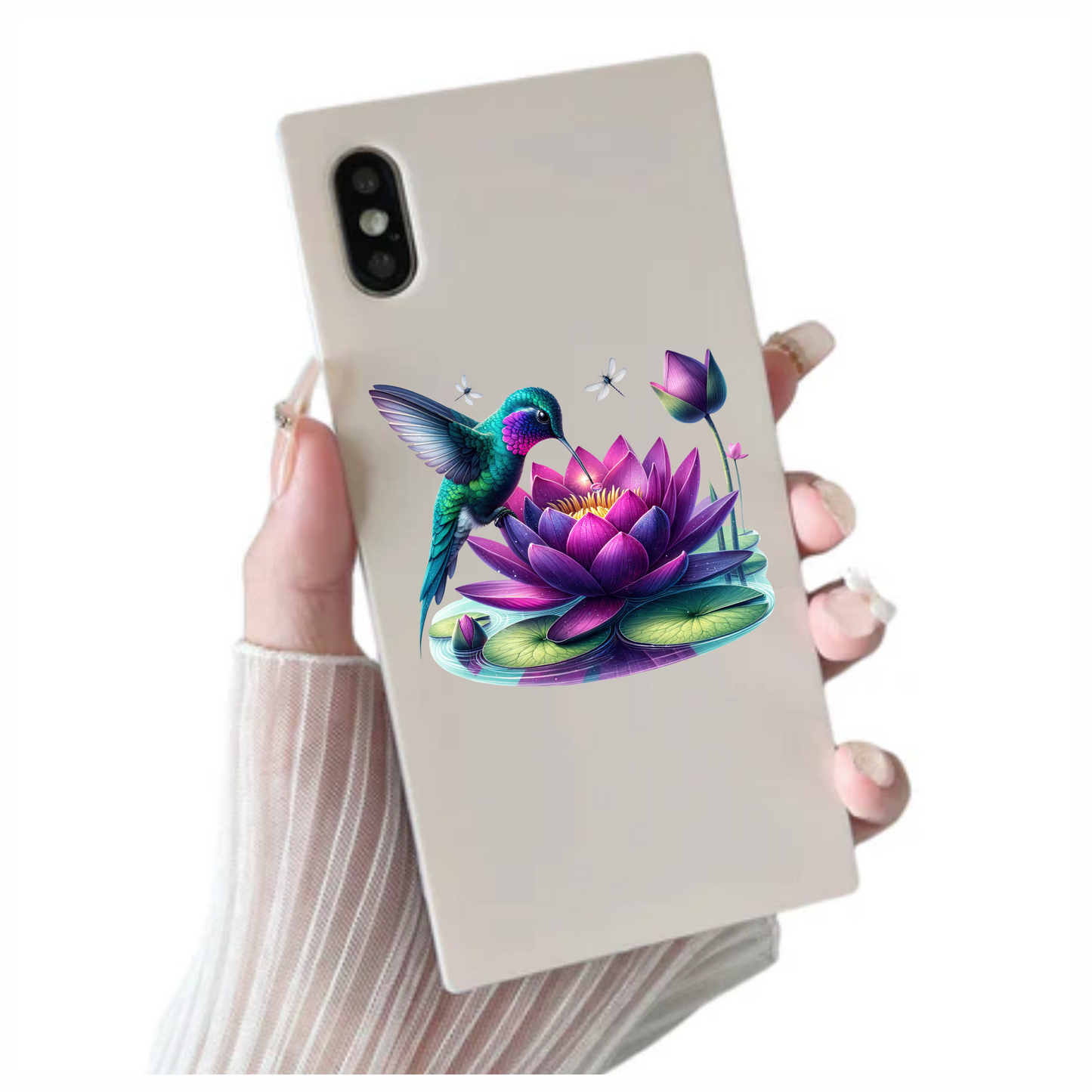 Green Hummingbird Bird Drinking From Lotus Vinyl Sticker Decal