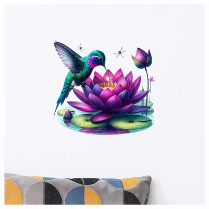 Green Hummingbird Bird Drinking From Lotus Vinyl Sticker Decal