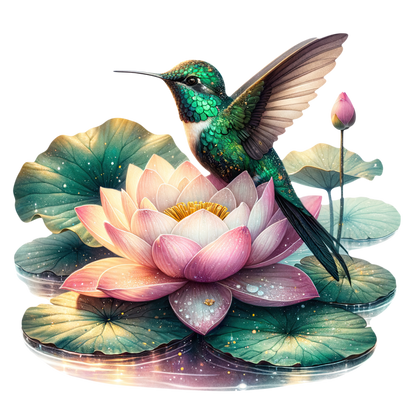 Green Hummingbird Bird Sitting On Lotus Vinyl Sticker Decal