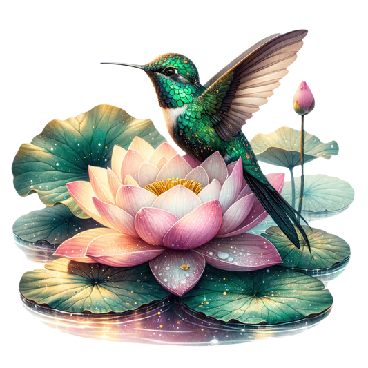 Green Hummingbird Bird Sitting On Lotus Vinyl Sticker Decal