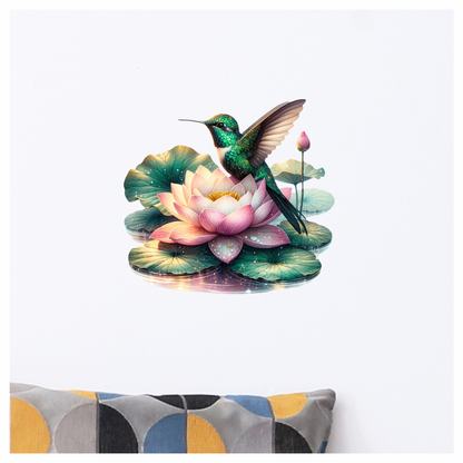 Green Hummingbird Bird Sitting On Lotus Vinyl Sticker Decal