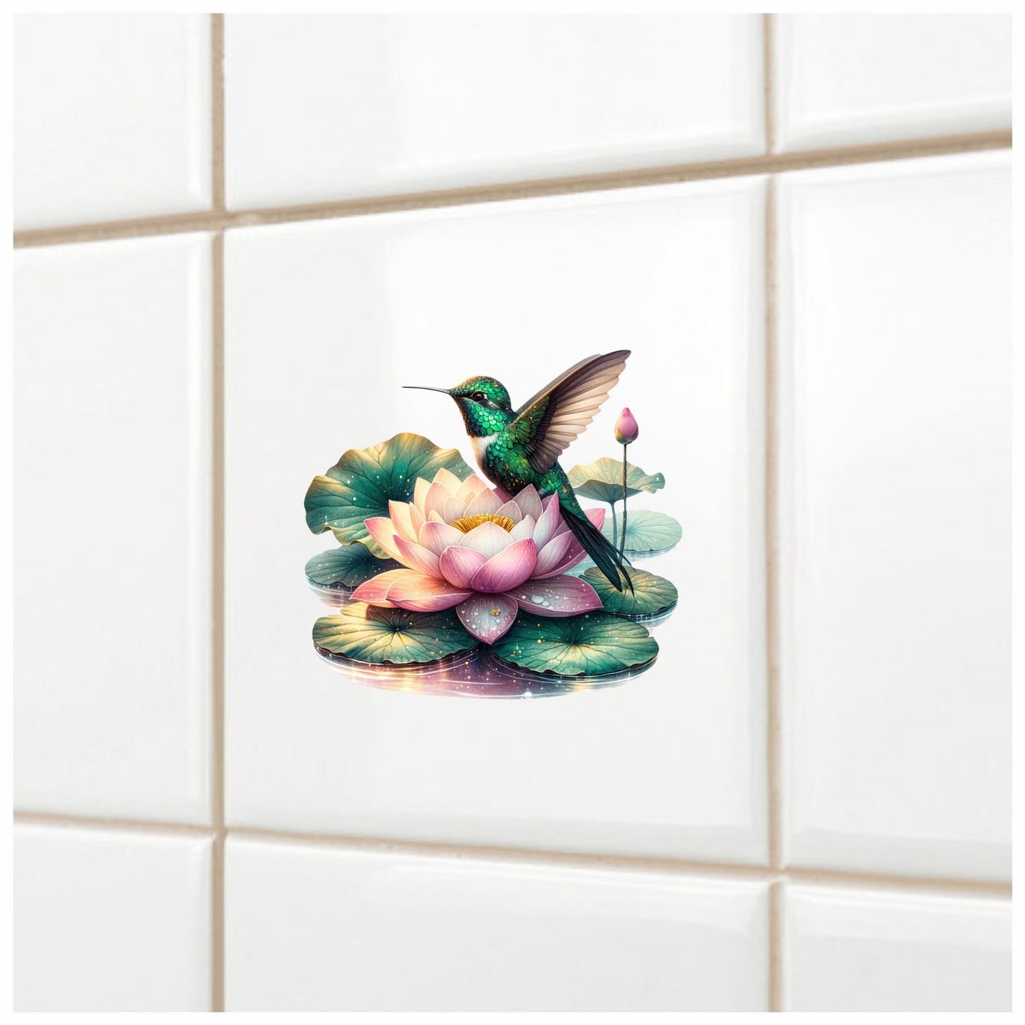 Green Hummingbird Bird Sitting On Lotus Vinyl Sticker Decal