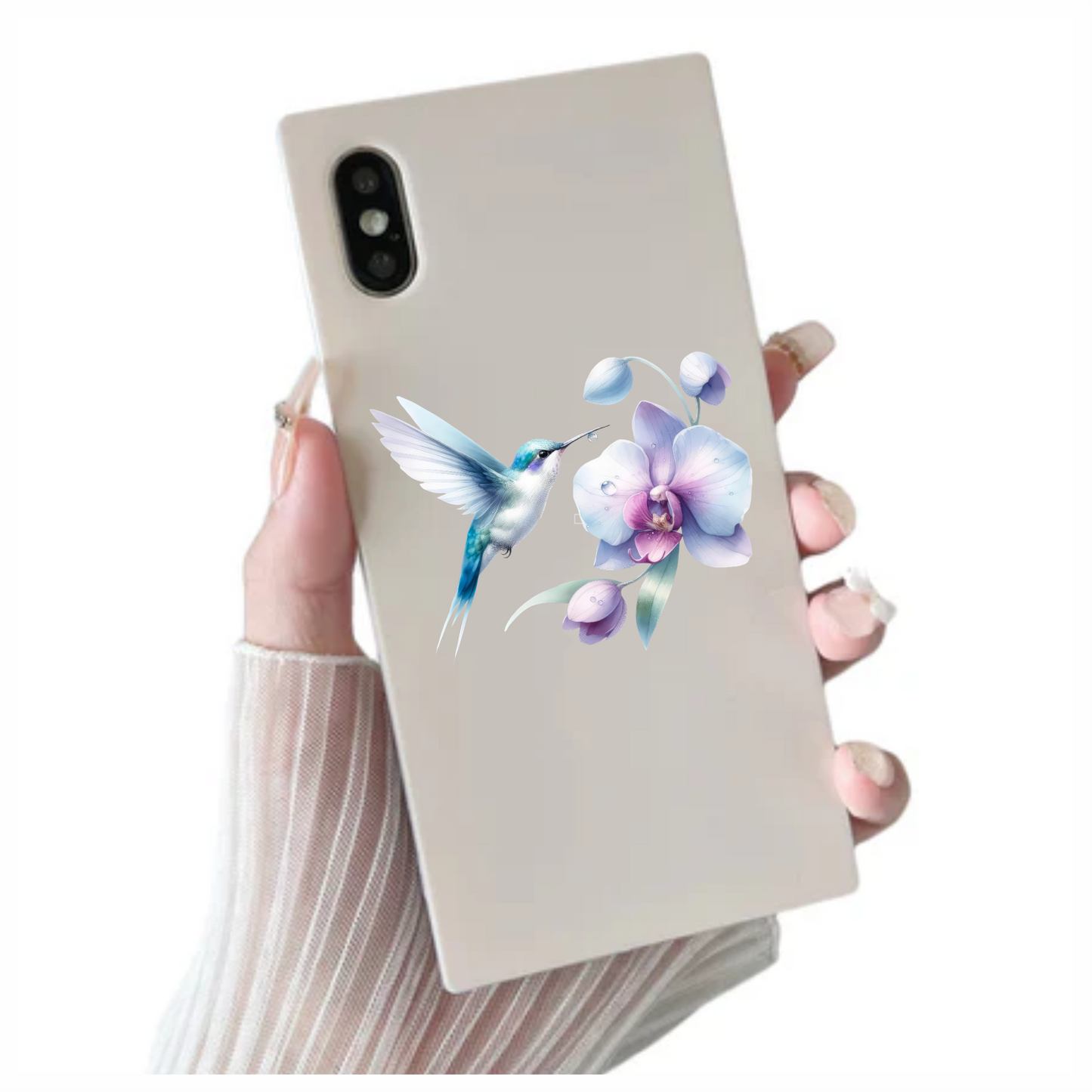 White Hummingbird Bird Flying Near Orchid Vinyl Sticker Decal