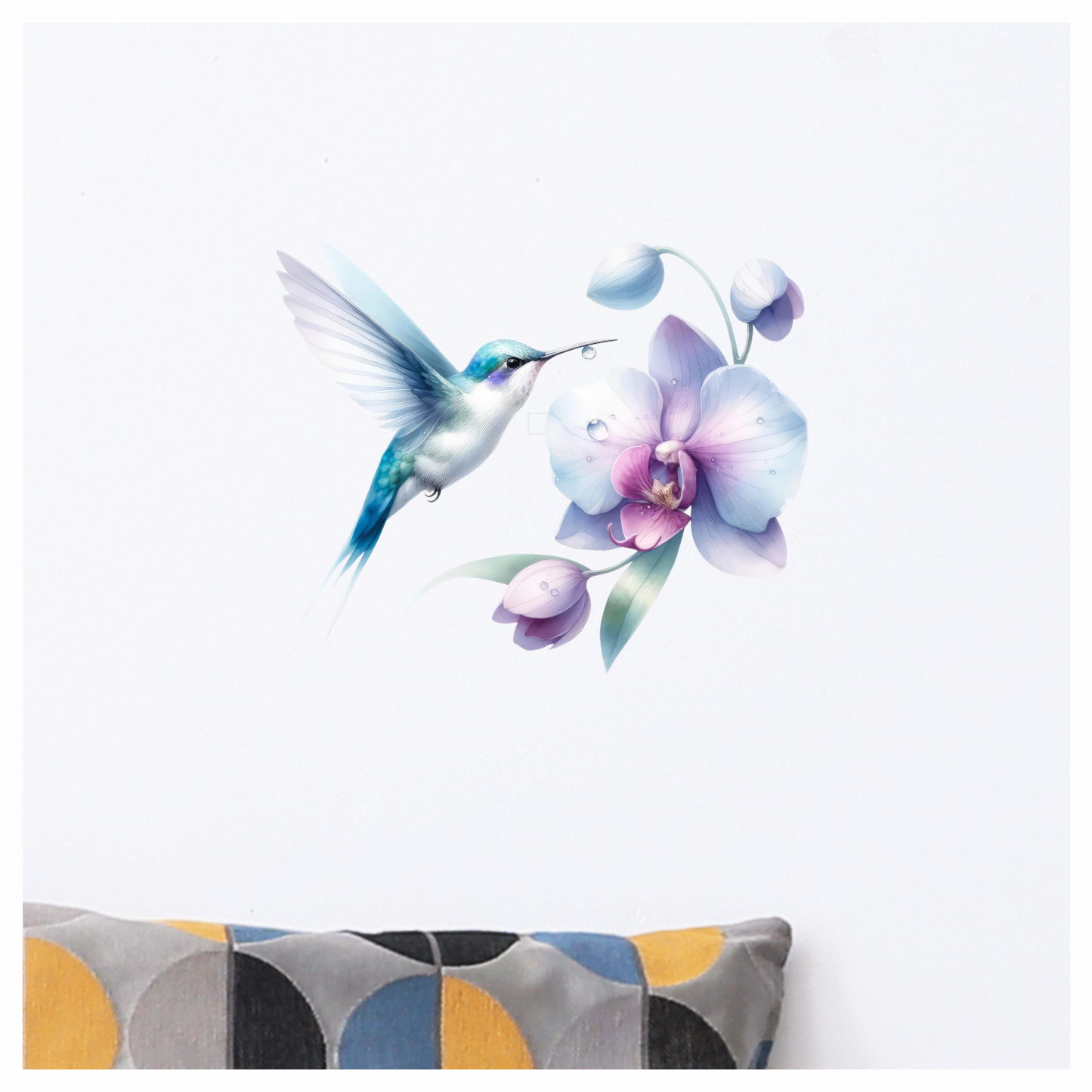 White Hummingbird Bird Flying Near Orchid Vinyl Sticker Decal