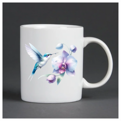 White Hummingbird Bird Flying Near Orchid Vinyl Sticker Decal