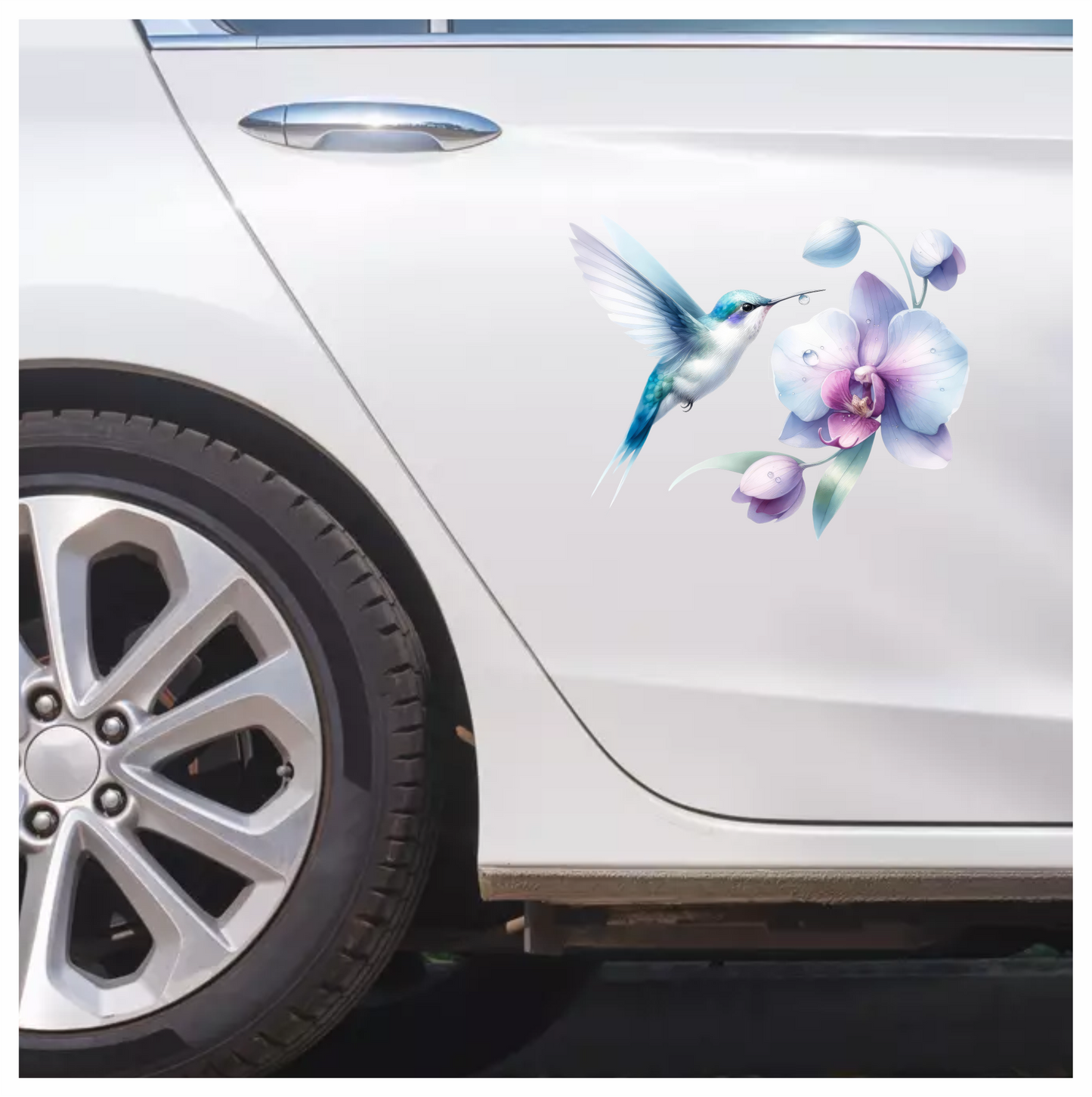 White Hummingbird Bird Flying Near Orchid Vinyl Sticker Decal