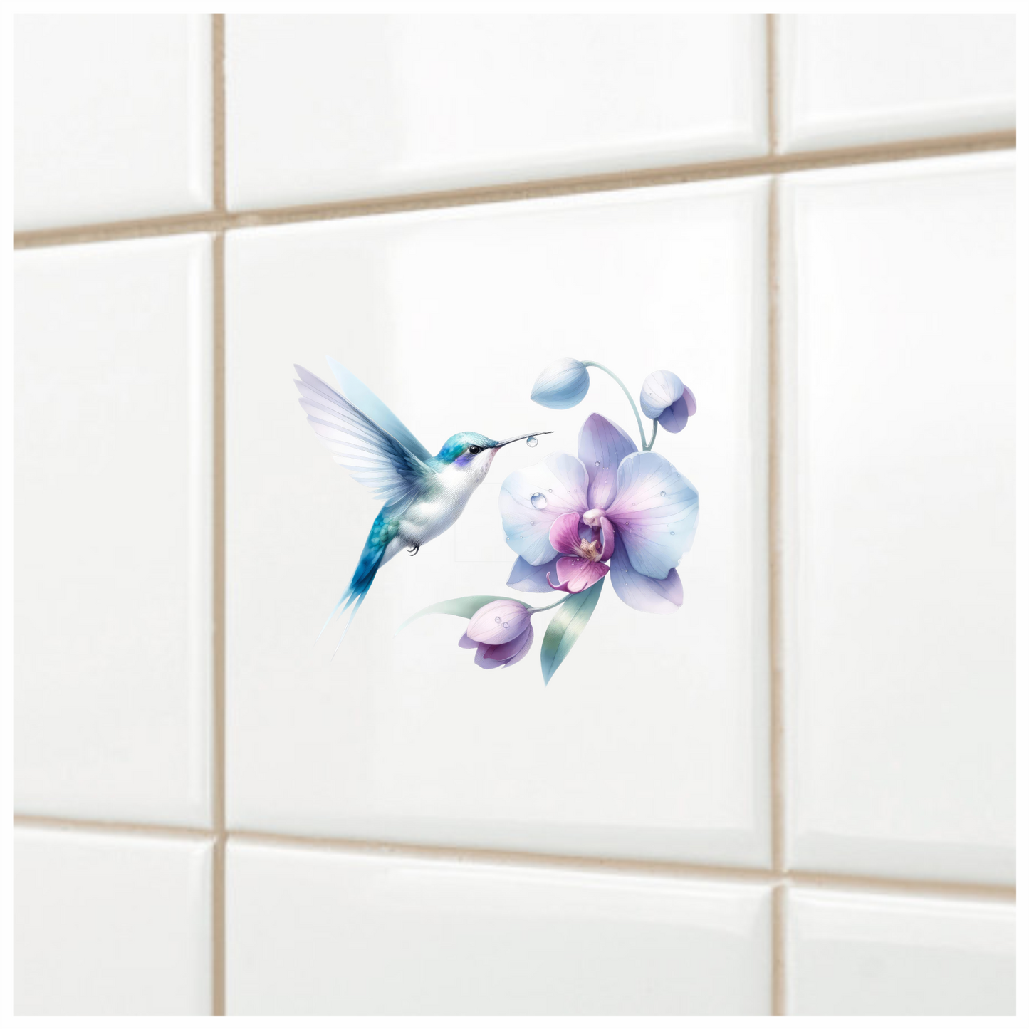 White Hummingbird Bird Flying Near Orchid Vinyl Sticker Decal