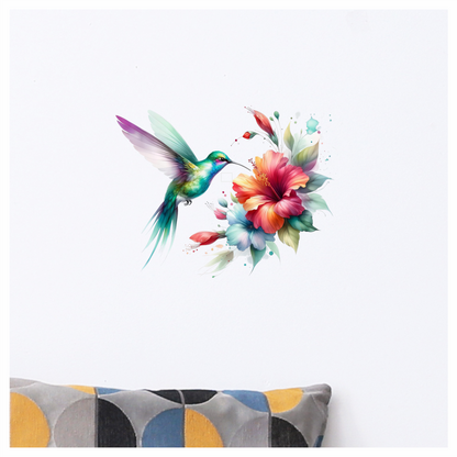 Green Hummingbird Bird Flying Near Hibiscus Vinyl Sticker Decal