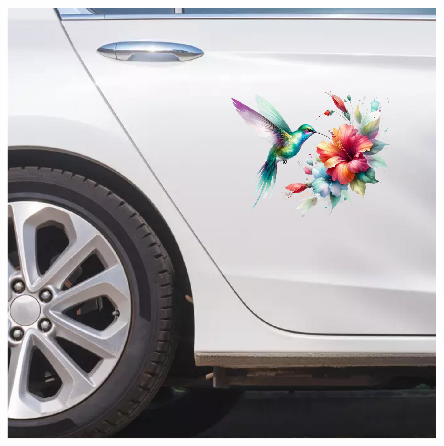 Green Hummingbird Bird Flying Near Hibiscus Vinyl Sticker Decal