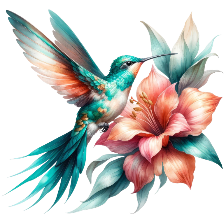 Teal Hummingbird Bird Flying Near Lily Vinyl Sticker Decal