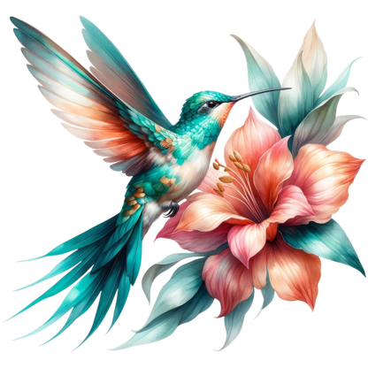Teal Hummingbird Bird Flying Near Lily Vinyl Sticker Decal