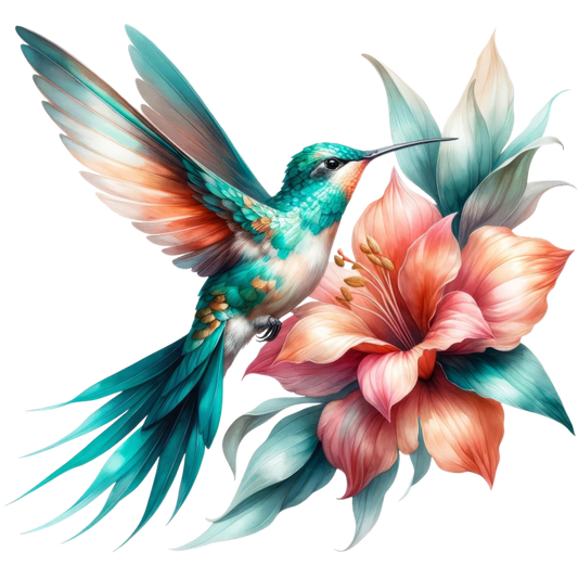 Teal Hummingbird Bird Flying Near Lily Vinyl Sticker Decal