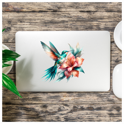 Teal Hummingbird Bird Flying Near Lily Vinyl Sticker Decal
