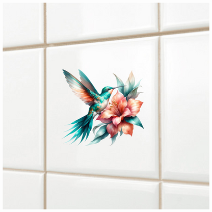 Teal Hummingbird Bird Flying Near Lily Vinyl Sticker Decal