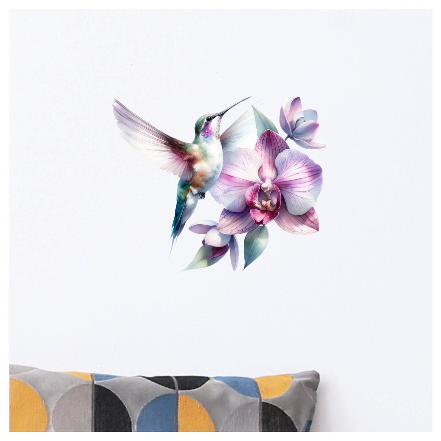 White Hummingbird Bird Flying Near Orchid Vinyl Sticker Decal