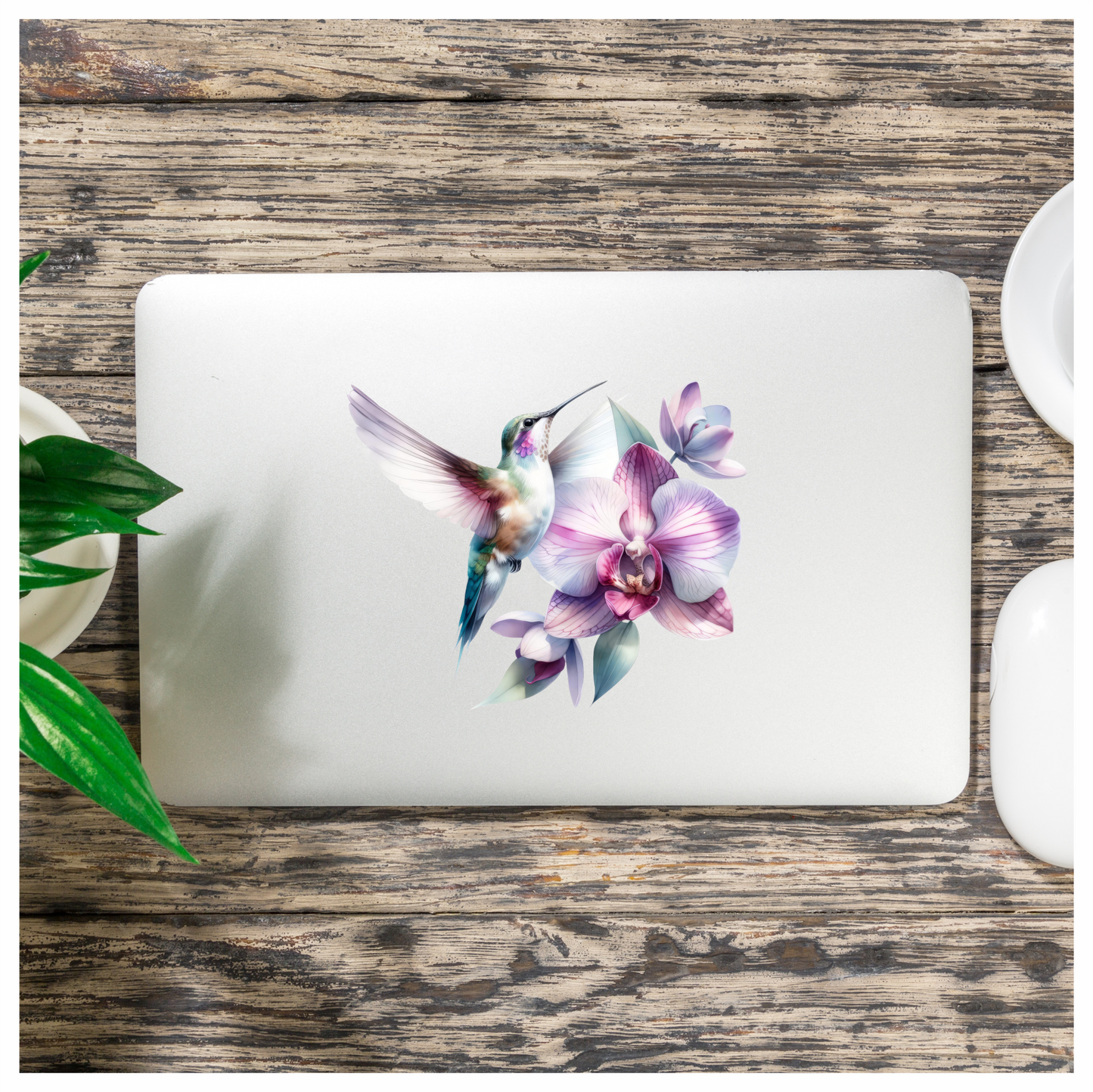 White Hummingbird Bird Flying Near Orchid Vinyl Sticker Decal