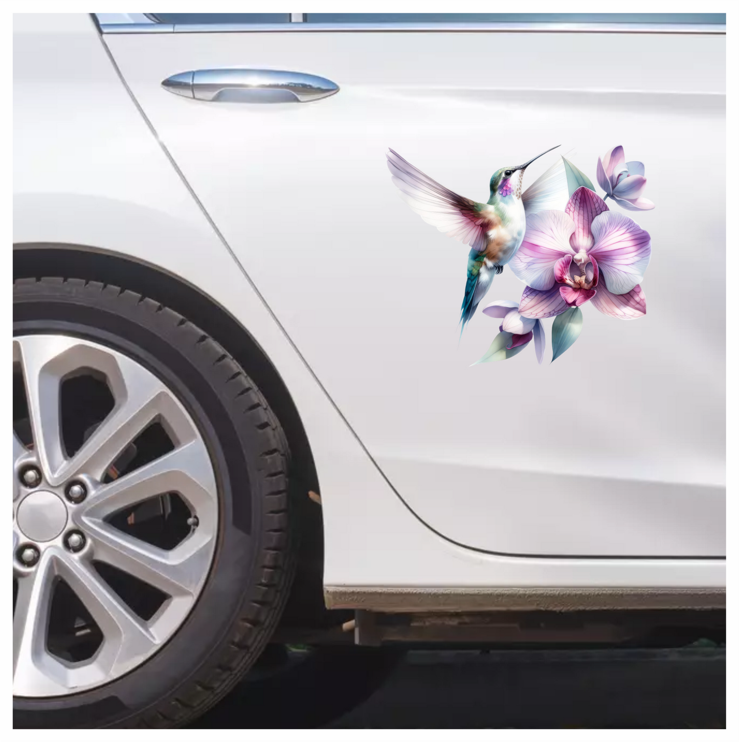 White Hummingbird Bird Flying Near Orchid Vinyl Sticker Decal