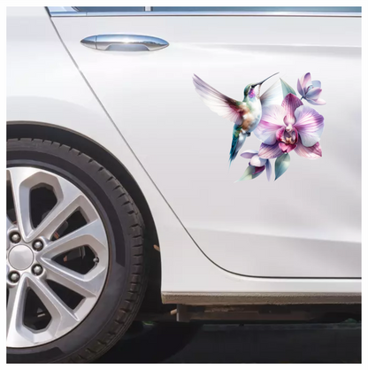 White Hummingbird Bird Flying Near Orchid Vinyl Sticker Decal