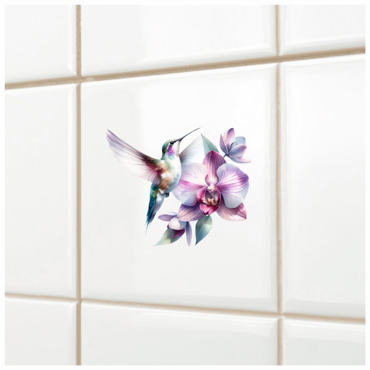 White Hummingbird Bird Flying Near Orchid Vinyl Sticker Decal
